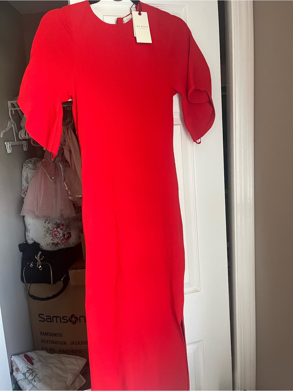 Ted Baker Bodycon Red Midi Dress with Flutter Sleeves